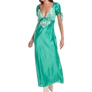 NWT Free People Cooper Embroidered Satin Maxi Green Dress- 2